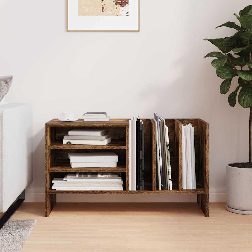 Armadietto per dischi in rovere affumicato, 78,5 x 35 x 45 cm, con 6 ripiani, scaffale versatile per soggiorno, vinile, riviste, supporti multimediali, organizer