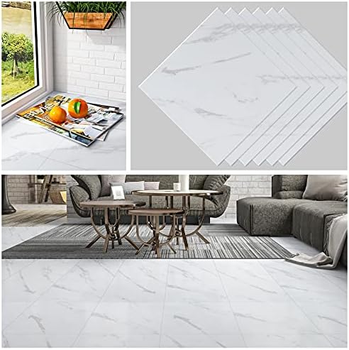 CHICHOME 6 Pack Peel and Stick Vinyl Floor Tiles 12''x12'' White Marble Vinyl Sticker Tiles Self Adhesive Removable Vinyl Flooring Tiles Waterproof Bathroom Tiles for Floor Kitchen Bedroom Basement