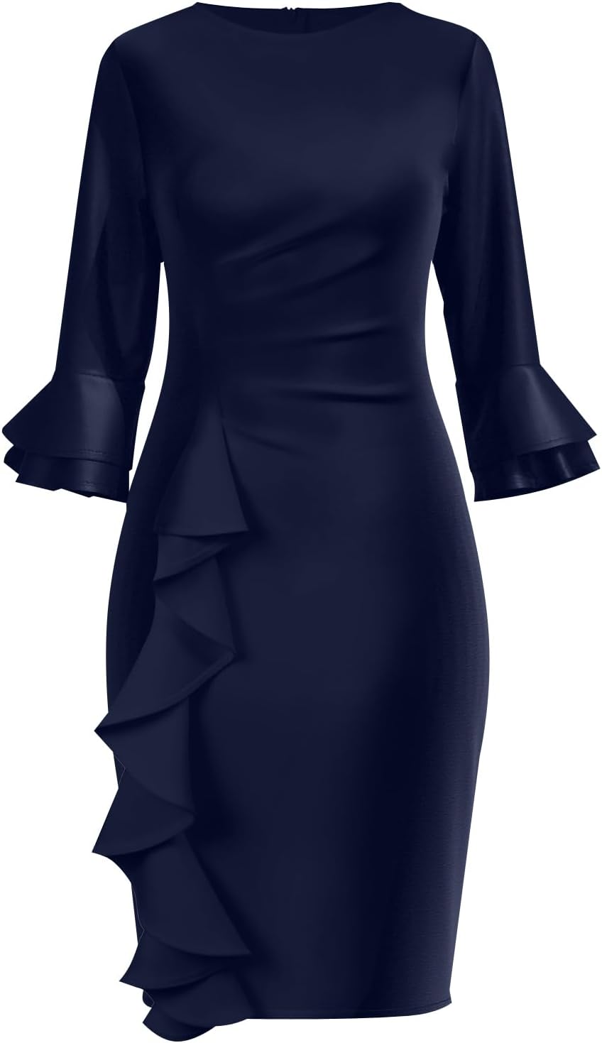 Church Dresses for Women Long Sleeve Bodycon Ruffle Vintage Wear to Work Pencil Midi Dress
