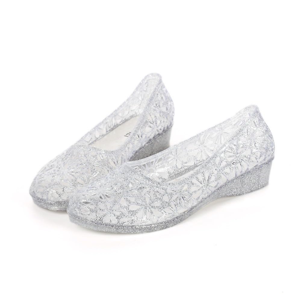 Jelly Mesh Ballet Flats for Women Sparkly Clear Jelly Sandals Hollow Water Slides Slip on House Slippers Lightweight Breathable Low Heel Wide Dressy