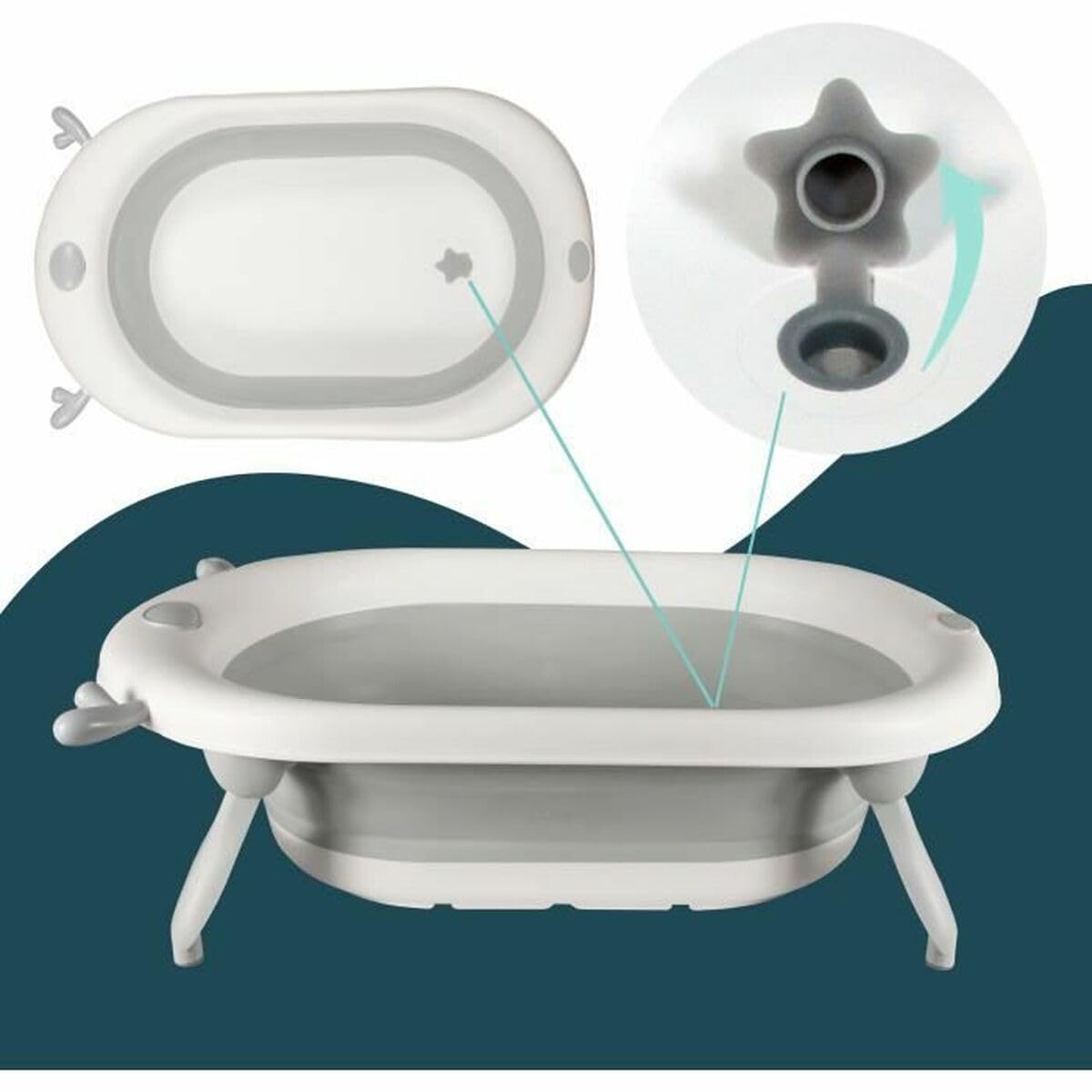 Bambisol Vasca da bagno pieghevole con tappo di scarico spia di temperatura | GRIGIO BIANCO