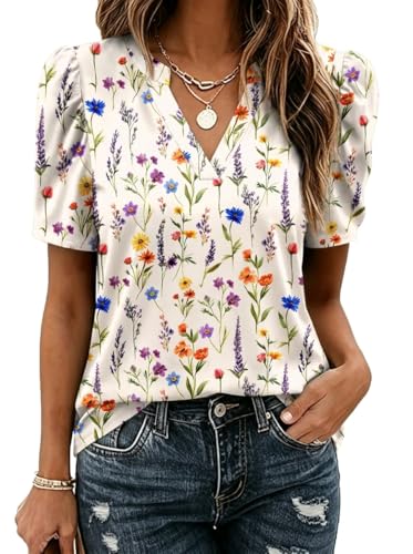 Image of Zeagoo Women Blouses Puff Short Sleeve Tops V Neck Dressy Casual Spring Shirts Boho Floral Cute Clothes 2026