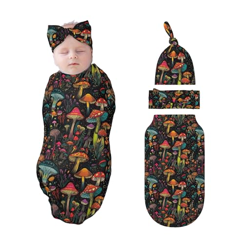 Image of Figtihw Mushroom Swaddle Blankets Newborn Receiving Blanket Baby Swaddle Wrap with Headband Hat Set for Baby Girls Boys
