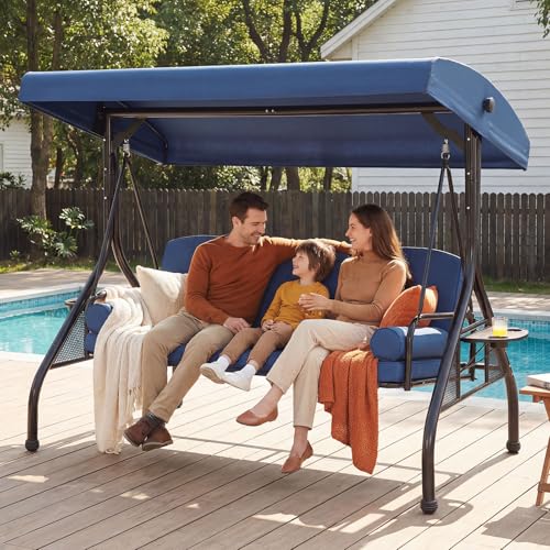 3 Seat Outdoor Porch Swing with Adjustable Canopy,2 in 1 Patio Swing Bed with Stand 800lbs for Adults,Outdoor Swing with Removable Cushion, Cup Holder ＆4 Pillow for Backyard, Porch, Garden，Blue