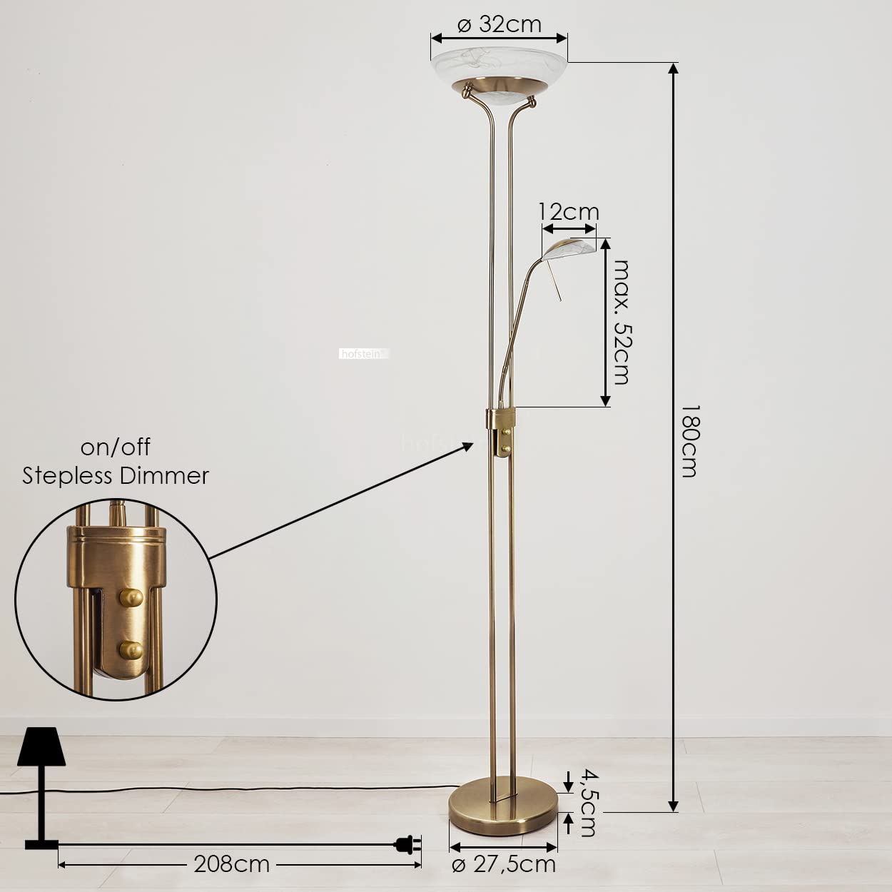 LED Stehlampe Biot, moderne Stehleuchte aus Metall in Altmessing, 18 u. 5 Watt, 1620 u. 450 Lumen, Lichtfarbe 3000 Kelvin, Standleuchte mit Dimmer u. verstellbarem Lesearm, mit Fußschalter am Kabel