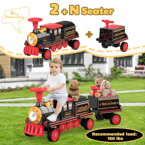 Train Carriage for ANPABO 12V Ride on Train, with Storage Space, Smooth Handle & Vintage Decals Design, Red
