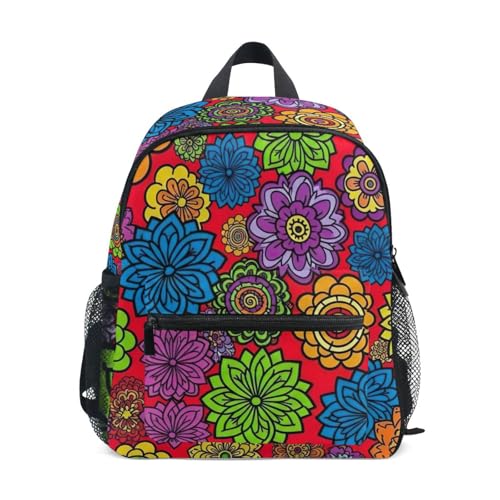 RPLIFE Mochila bohemia con diseño de flores de mandala para niños y niñas, con etiqueta de nombre, mochila de viaje, 3-8 años, Flores de mandala bohemio, pequeño, Lindas mochilas