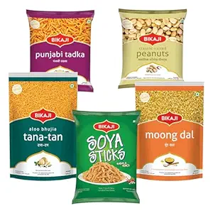 Bikaji Snacks Combo – SOYA STICKS & SALTED PEANUT & TANA-TAN (Aloo Bhujia) & Moong Dal & PUNJABI TADKA | 5 Pack Variety | Bar Snacks, Party Mix & Tea-Time Treats – 1 Kg