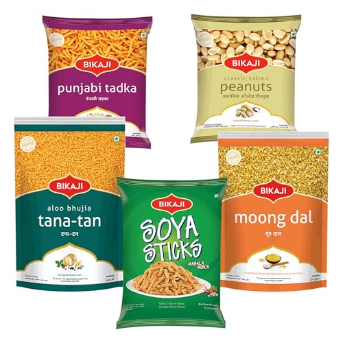 Bikaji Snacks Combo – SOYA STICKS & SALTED PEANUT & TANA-TAN (Aloo Bhujia) & Moong Dal & PUNJABI TADKA | 5 Pack Variety | Bar Snacks, Party Mix & Tea-Time Treats – 1 Kg