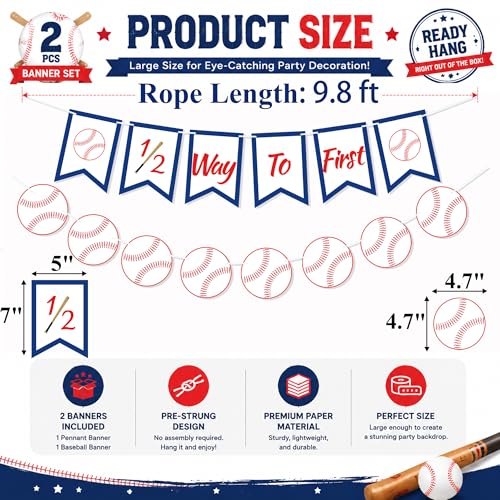 Image of Baseball 1 /2 Way to First Banner Half Birthday Party Decorations | Baseball Garland, Baseball Birthday Banner for High Chair Decorations, 6 Months Photo Shoot Props