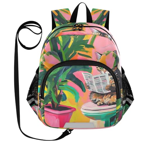 Tabby Cat Reading Newspaper Toddler Harness Backpack for Boys Girls 3-6 Years Kids Backpack with Anti Lost Safety Leash Baby Harness Bookbag for Preschool Travel Walking