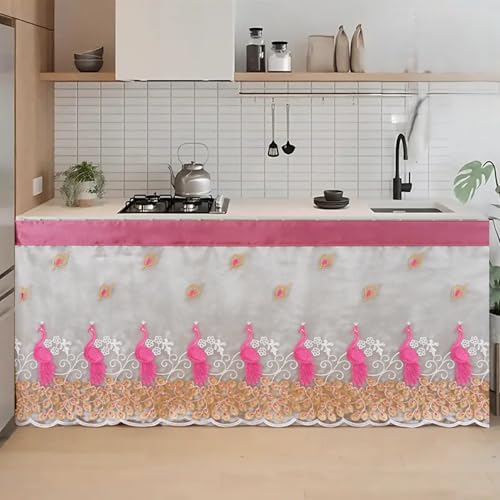 Image of Embroidered Kitchen Sink Curtain with Rod Pocket | Decorative Under Sink Cabinet Curtain | Floral & Peacock Design | Washable Fabric | Size: 150 x 71 CM (Pink, Pack of 1)