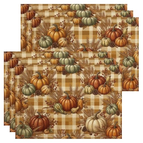 Pumpkins Placemats Set of 6, Rustic Farmhouse Wheat Gourd Fall Orange Washable Non-Slip Dinner Placemats Decor for Kitchen Indoor Outdoor Dinner Patio Party 18x12 Inch