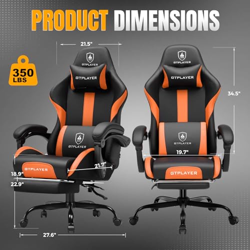 Image of GTPLAYER Gaming Chair with Pocket Spring Cushion, Leather Office Chair with Ergonomic High Back & Lumbar Support for Back Pain Relief, Computer Game Chair for Adults, Orange
