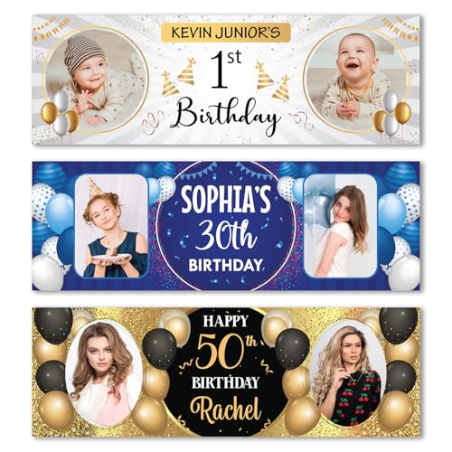 1 X 6FT Personalised Happy Birthday Banner Custom Photo Birthday Banners 18th 21st 30th 40th 50th 60th Birthday Decorations For Him Her Large Banner