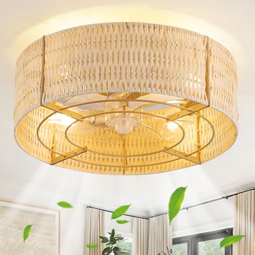 Image of Caged Ceiling Fans with Light,Rattan Flush Mount Ceiling Fan with Light and Remote Control, Boho Fandelier Ceiling Fan 6 Speeds for Bedroom, Living Room, Kitchen, Nursery, Porch