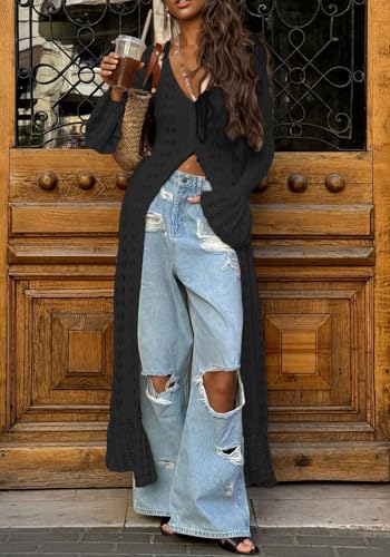 Image of Unybwonn Long Cardigans for Women Crochet Hollow Out Knit Sweater Cover up Maxi Dress Long Sleeve Button Down Cardigan