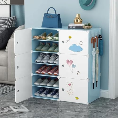 Image of Plastic Shoe Rack for Home with Door, 6 Door 12 Shelf | DIY Shoe Stand Organizer Cabinet for 24 Pairs Storage | Portable Slipper & Chappal Stand (Blue)