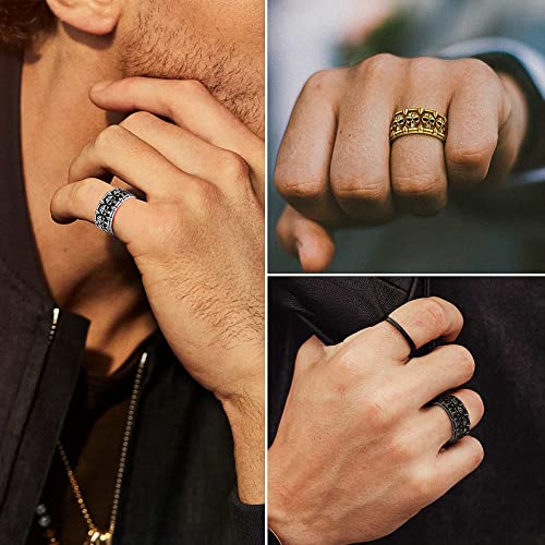 ChainsProMax Can Engrave Men Skull Rings, Stainless Steel Statement Biker Rings, Gold Plated/Black-Send Gift Box2