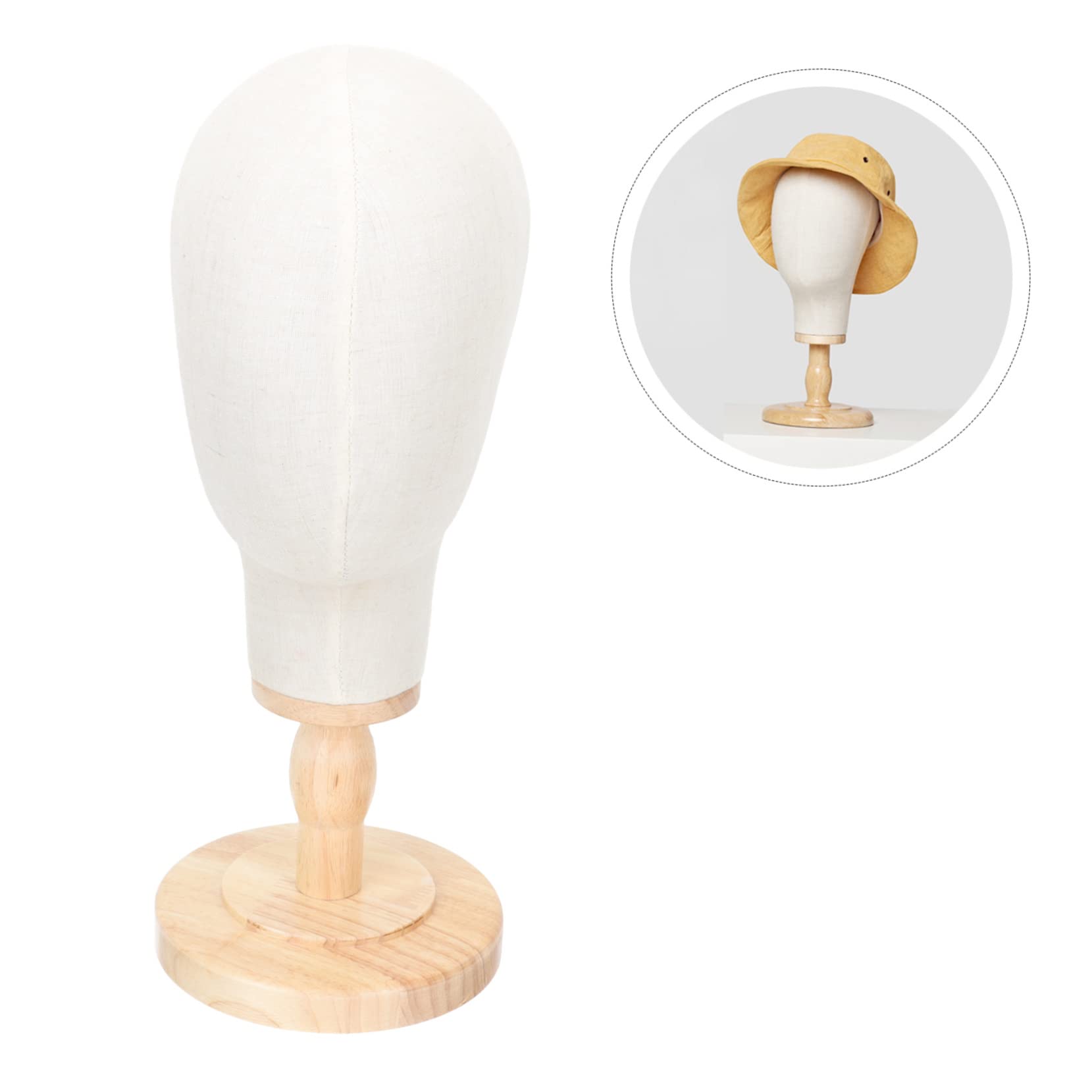 VALICLUD Tête de Mannequin en Lin Support Synthétique Socle en Bois pour Présentation de Perruques et Bonnets pour Salon de Coiffure et Usage Quotidien