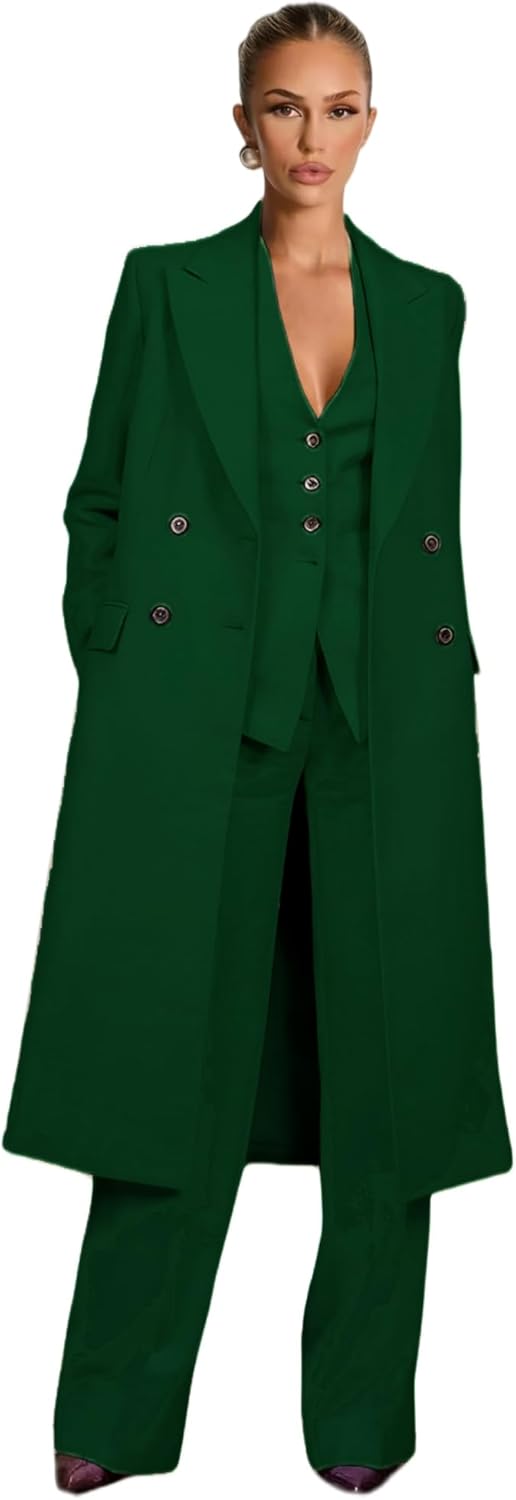 3 Piece Suits for Women Double Breasted Long Blazer Vest Wide Leg Pants Suit Set Formal Business Outfits Casual Wear