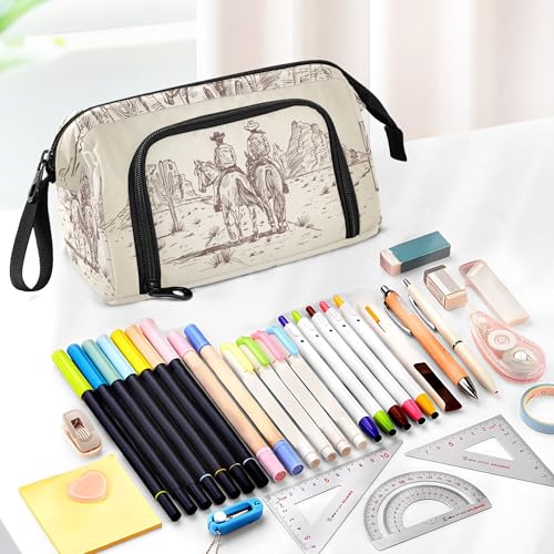 Image of Fisyme Western Desert Cowboy Pencil Case Large Capacity Pen Bags Box Big Makeup Pouch Organizer