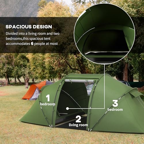 Outsunny 4-6 Man Camping Tent with Living Area and 2 Bedrooms, Hiking Sun Shelter, UV Protection Tunnel Tent - Image 4