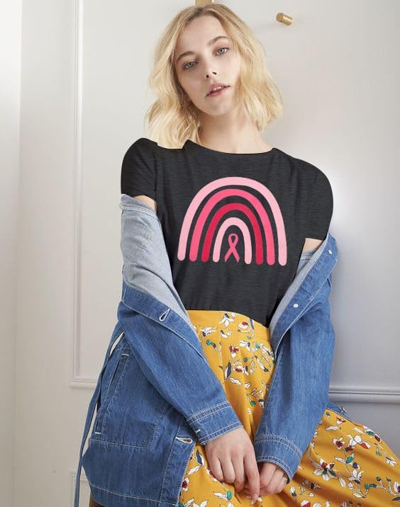 FRYAID Breast Cancer Shirt Women Pink Ribbon Breast Cancer Awareness Rainbow T-Shirts Cancer Care Short Sleeve Tee Top - Image 3