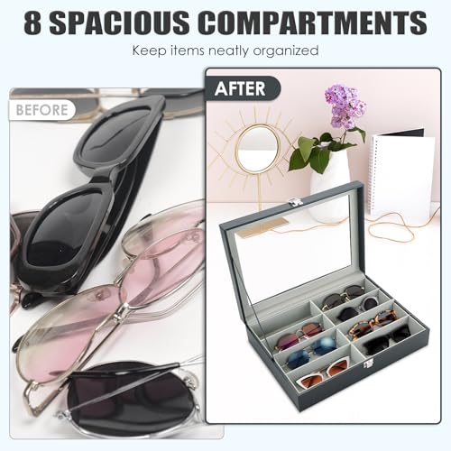 Image of MAOPINER 8 Slot Eyeglass Sunglass Storage Box, Sunglasses Organizer with Clear Glass Display, Black PU Leather Multi Eyeglasses Storage Box for Women Men