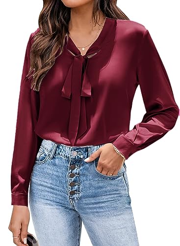 Zeagoo Damen Bluse Satin Seide Hemden Elegant Langarm Business Oberteile mit Schleife Tops Lose V-Ausschnitt Tunika Weinrot M