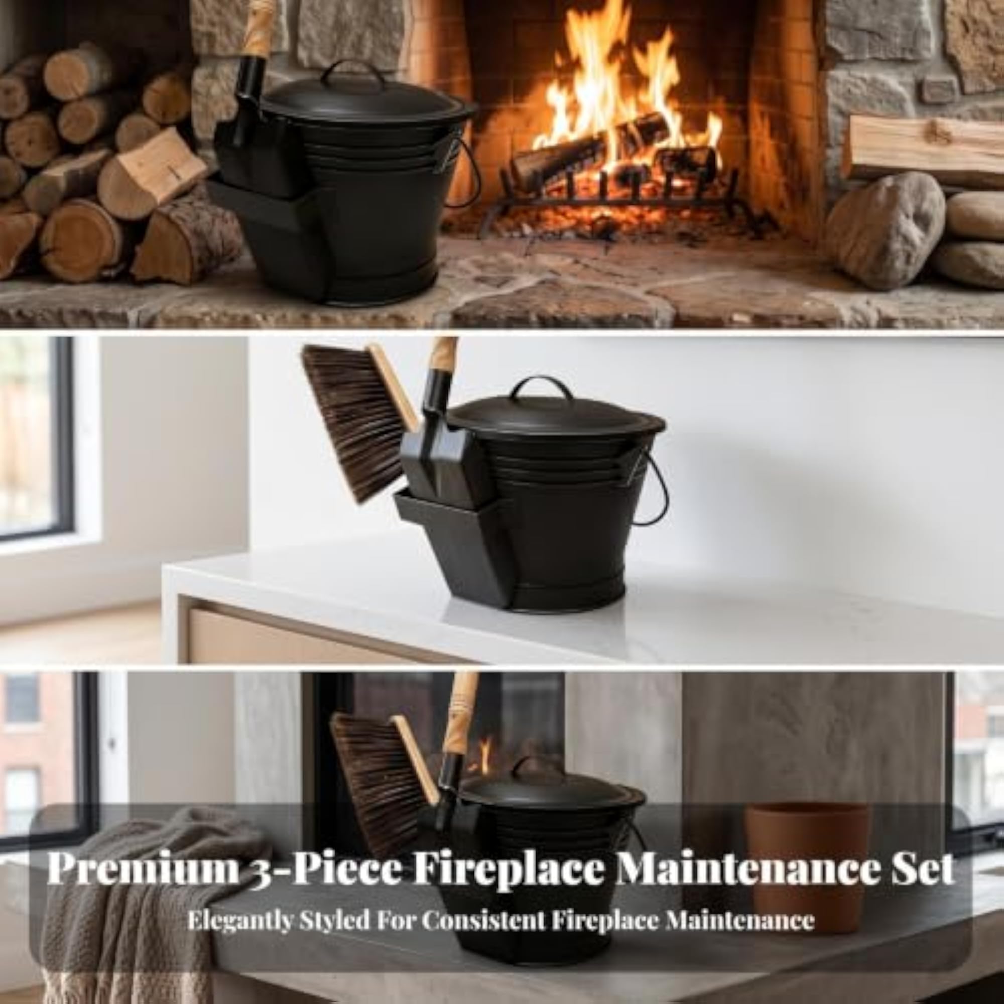Fireplace Ash Bucket with Tools, Sturdy Metal Construction