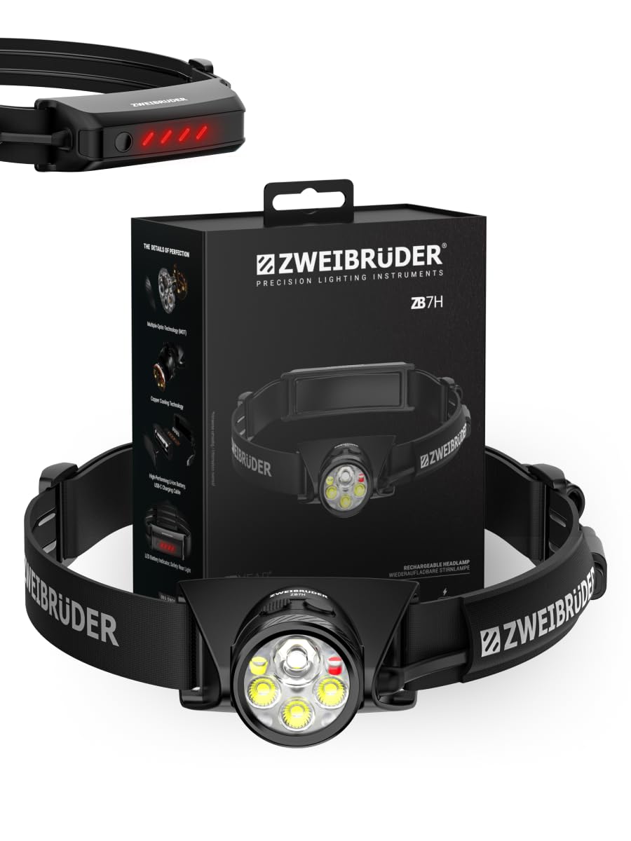 Zweibrüder ZB7H Linterna Frontal LED Recargable 1200 Lúmenes – Linterna de Cabeza con Digital Focus, Luz Roja y Luz Trasera, USB-C Integrado, Ideal para Outdoor, Running y Camping