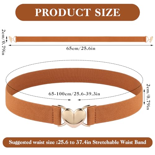 Women Heart Elastic Belt, Stretch Invisible Ladies Belts with Gold Flat Buckle Skinny Waist Belt for Dresses Jeans(Brown)3