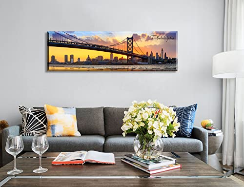Image of Philadelphia Skyline Wall Art Cityscape Panorama Canvas Print 13.8 inchx45.3 inch | Living Room Decor, City Building House Poster, Bridge Sunset Scenery, Office Bedroom Decorations, Framed