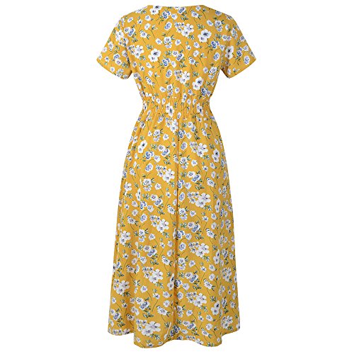 Vestidos de cintura elástica para mujer, vestidos amarillos para mujer, vestido de verano elegante con cuello en V, vestido de gasa con mangas, vestido de verano con vuelo, vestidos midi de verano,