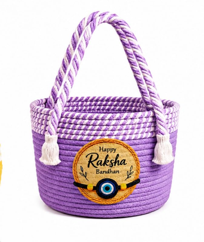 Image of BROOM Raksha Bandhan Gift Hamper Basket, Handmade Cotton Rope Storage Basket with Handle, Decorative Organizer for Chocolates, Dry Fruits, Return Gifts, Home Decor & Festive Celebration (Light Purple)