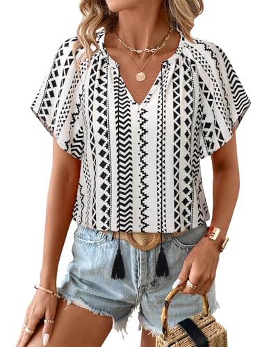 Unixseque Summer Tops for Women Casual Boho Blouses Short Sleeve V Neck Shirts Tie Front 2025 Trendy Beach Vacation Clothes3