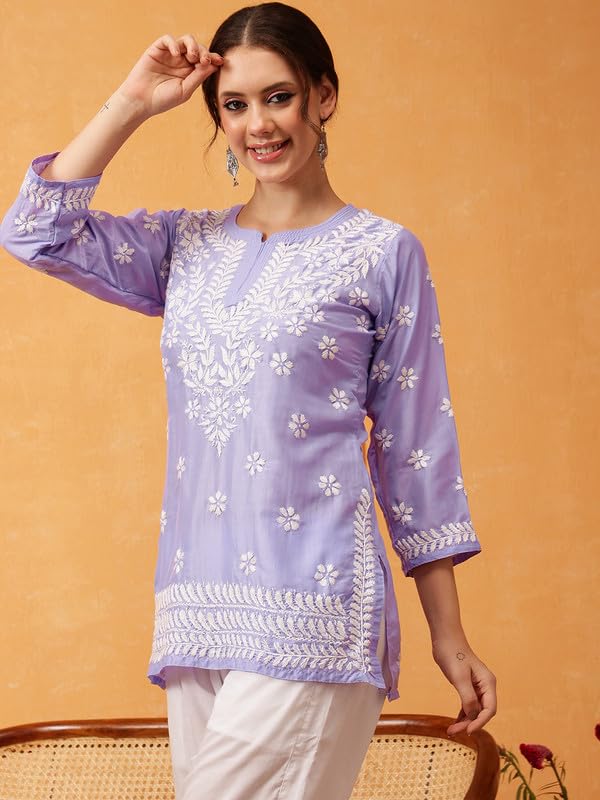 Image of Ada Women's Muslin Straight Fit Tunic Hand Embroidered Lucknowi Chikankari Straight Top Short Kurti A911420