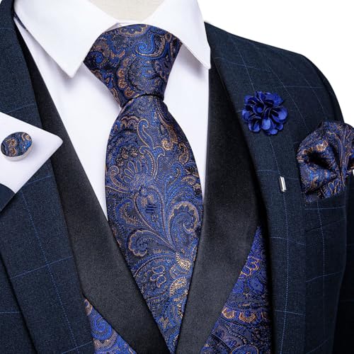 Image of DiBanGu Mens Paisley Suit Vest Silk Jacquard Waistcoat and Necktie Set Formal Shawl Collar Dress Vest 7PCS for Wedding Party