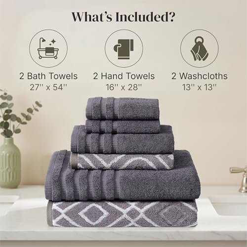 Image of Modern Threads 6 Piece Bath Towel Set - Bathroom Set with 2 Bath Towels, 2 Hand Towels, and 2 Wash Cloths - 100% Cotton, Super Absorbent & Extra Soft - Reversible Classic Diamond (Purple)