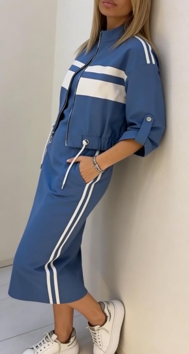2026 Damen Stehkragen Jacke & Kleid Set Quadratischer Ausschnitt Ärmellos Bodycon Midikleid und Bomberjacken Set