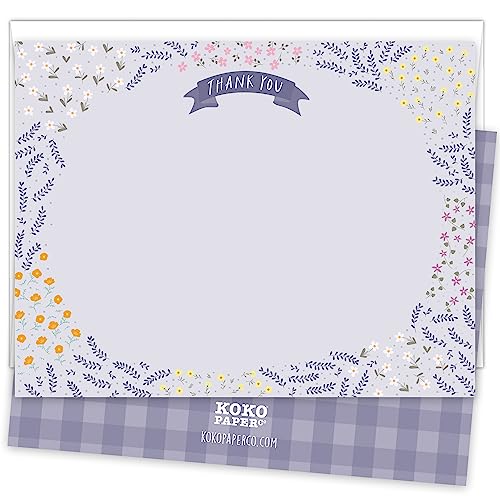 Image of Koko Paper Co Purple Thank You Cards Flat - Wildflower Design Summer Stationery for Weddings, Baby Showers, Events, Everyday Notes - Made in USA - Set of 25 Blank Floral Note Cards (Flat, Not Folded)