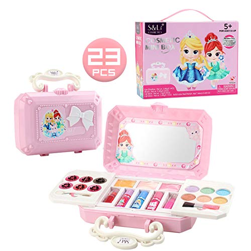 De-One Natural Kids Makeup Kit for Girl Non Toxic, Portable Suitcase Makeup Case with Mirror, Full Set of Makeup Box, Childrens Makeup Set Washable,Christmas Birthday Gift Toys for Girl Aged 4 5 6 7