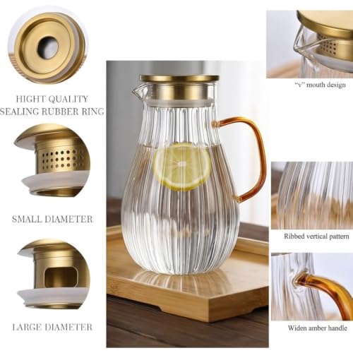 Image of Glass Water Jug - 1800ml, Transparent Water Serving Jug, Hot Cold Water Pitcher with Lid Water Jug, Iced Tea, Milk and Juice Beverage Carafe, Lemon Jug (Ribbed Jug)