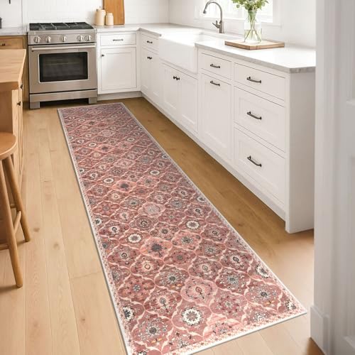 KILOCOCO 2x8 Runner Rug, Moroccan Super Soft Washable Hallway Entryway Runner Rug, Accent Print Faux Wool Kitchen Runner Rug 8 Feet Non-Slip Boho Rug Runner for Bedroom, Beige Terracotta