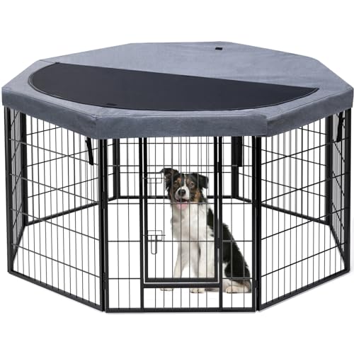 Image of PETIME Dog Playpen,Metal Exercise Puppy Pen Heavy Duty Kennels Yard Fence Indoor /Outdoor 27 inch W x 32 inch H 8 Panels Dog Cage with Octagon Top Cover