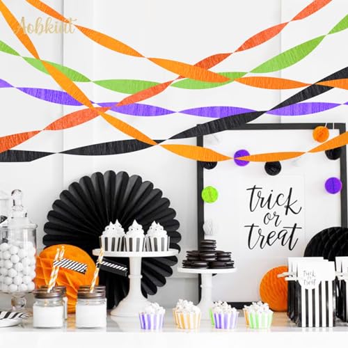 Image of AOBKIAT Halloween Streamers Party Decorations,in Orange Purple Black Green | 5 Rolls Crepe Paper Streamers for Halloween Thanksgiving Party Backdrop,DIY Tassel,Craft,1.8 inch X 82 ft /Roll