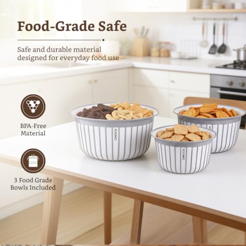 Image of Amazon Brand - Solimo Plastic Linea Containers without Lid Food Grade Set of 3(1.3L,2.3L and 3.8L) |BPA-Free Multipurpose Kitchen Bowls for Mixing and Serving, Grey