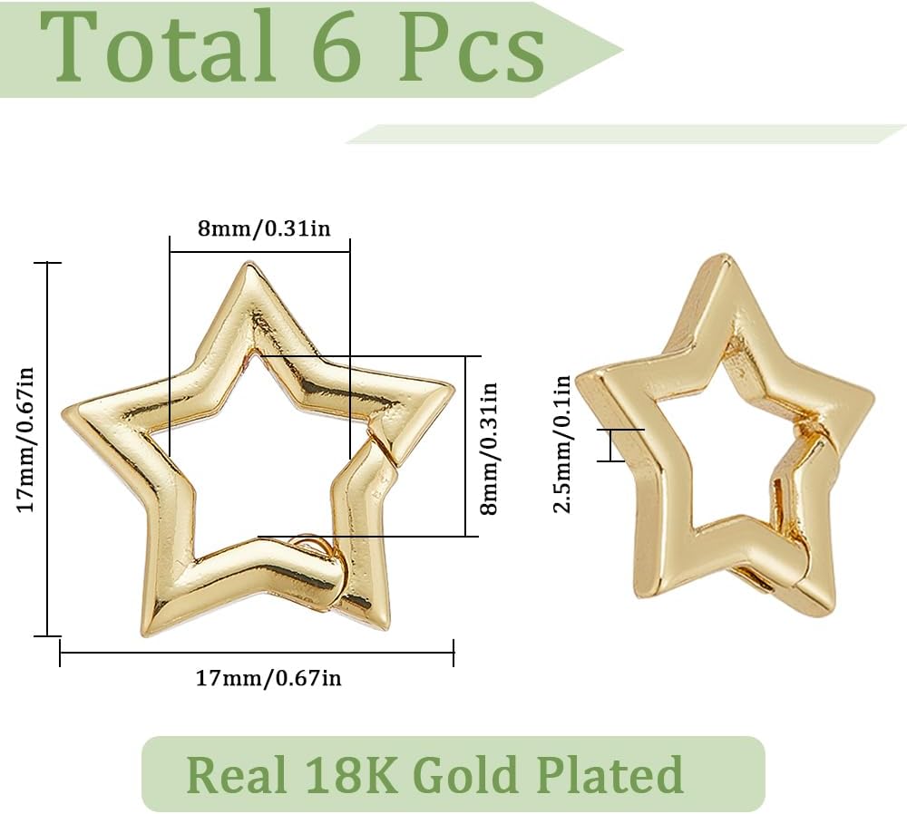 SUNNYCLUE 1 Box 6Pcs Trigger Spring O Rings Real 18K Gold Plated Brass Star Key Ring Clip Small Mini Purse Ring Clips Keyring Buckles Spring Snap Hooks for Jewelry Making DIY Purses Bags Supplies image 2