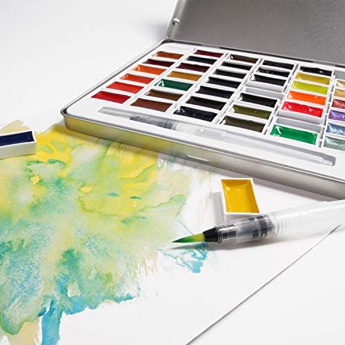 Artistik Watercolour Paint Set - 42 Pans Richly Pigmented Artist Quality Colours Includes 6 Vibrant Metallics, 1 Waterbrush Pen in a Metal Tin, for Professionals Artists, Beginners and Hobbyists